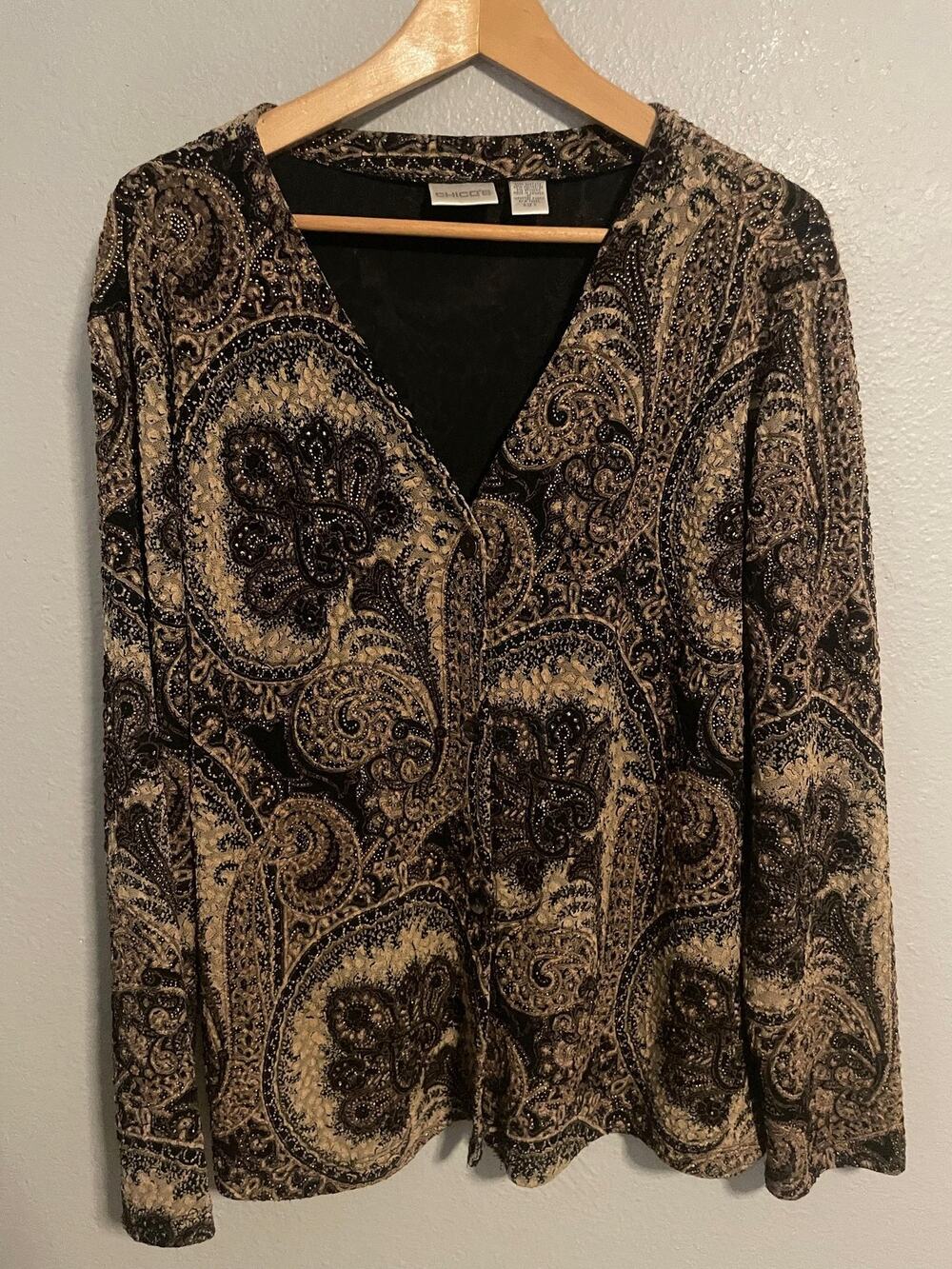 Chicos Womens Top Size 3 US XL Black Paisley Button Up Glitter Whimsigoth Boho